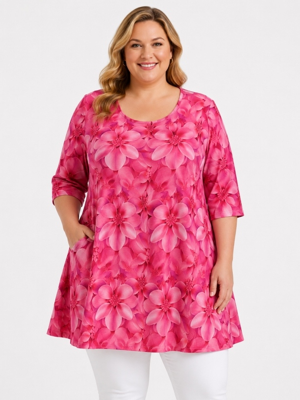 Tunika-Shirt kurzarm A-Linie Flowerpink Tunika-Shirt kurzarm A-Linie Flowerpink