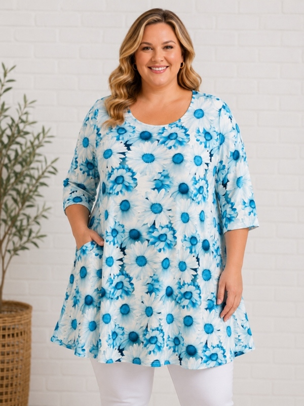 Tunika-Shirt kurzarm A-Linie Blumet�rkis